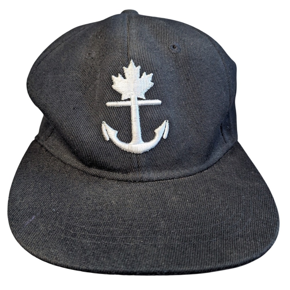 Illbury + Goose Black Snapback Hat white embroidered maple leaf & anchor design.